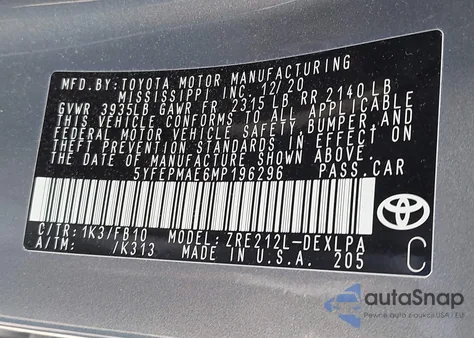 2021 Toyota Corolla Le из США, поврежденный, VIN 5YFEPMAE6MP196296